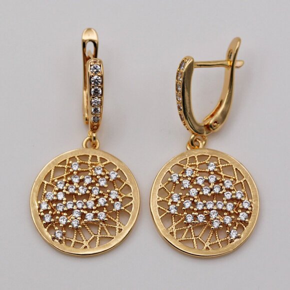 18K Yellow Gold Filled Circle Carved Web Diamond Zircon Dangle Earrings Gorgeous - Picture 4 of 7